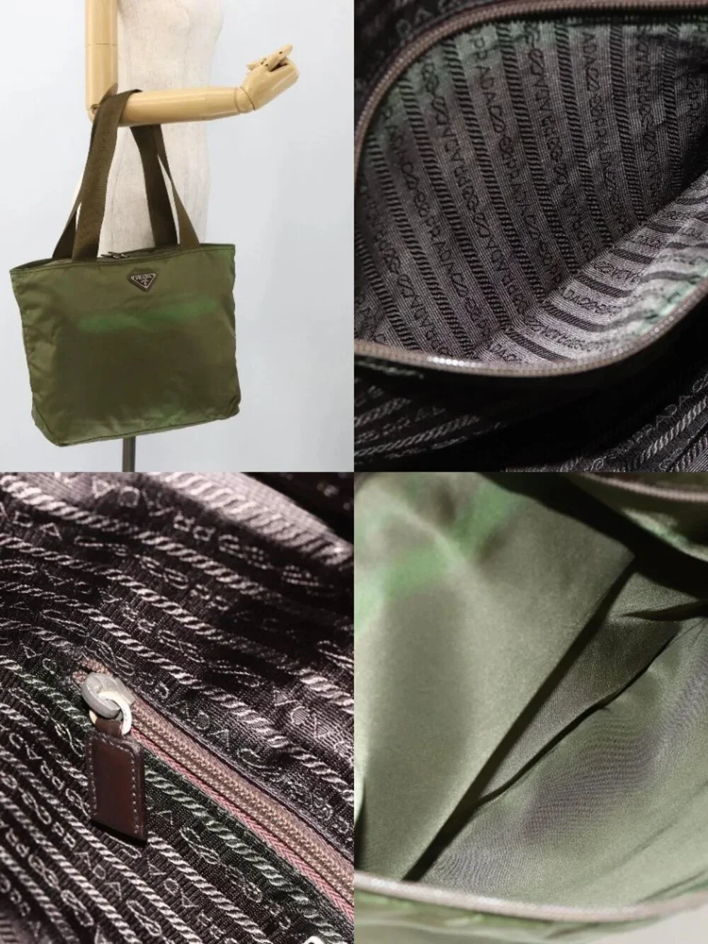 PRADA Tote Bag Nylon Khaki Silver Auth 175345
